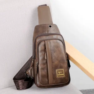 Premium PU Leather Men's Chest Bag with USB Charging Port and Multiple Compartments