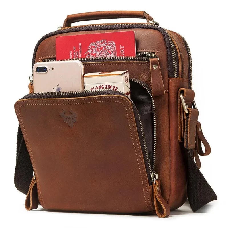 Vintage Crazy Horse Leather Messenger Bag Men's Large Capacity Travel Shoulder Tote with Laptop Compartment - Image 7