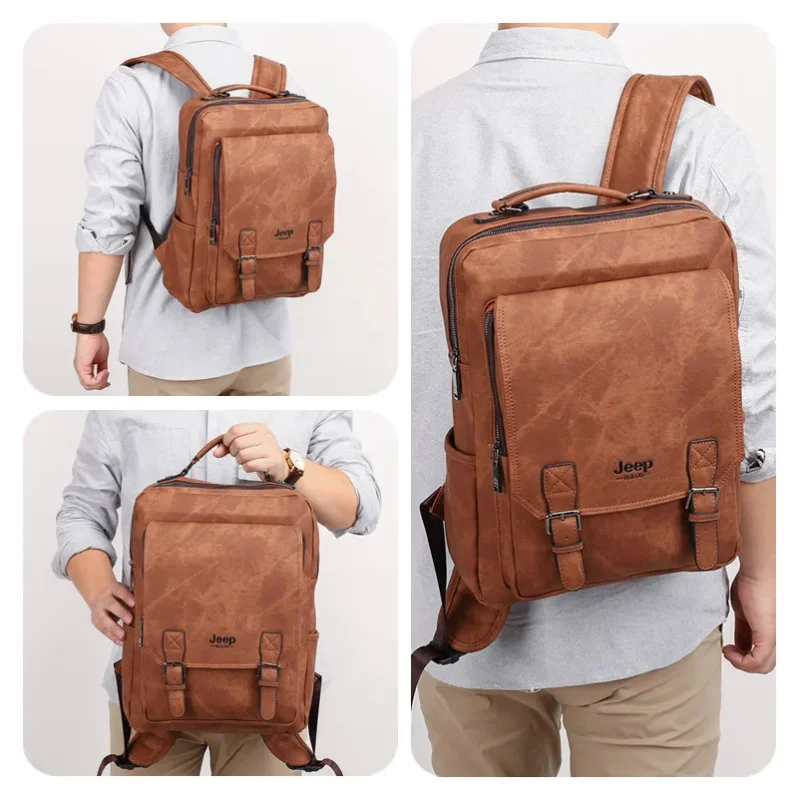Premium Split Leather Business Backpack with 15-inch Laptop Compartment and Waterproof Design - Image 5