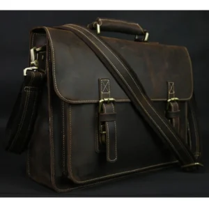 Premium Crazy Horse Full Grain Leather Men's Briefcase 15" Laptop Bag with Multiple Compartments