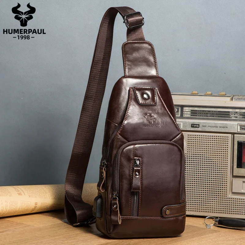 Premium Genuine Leather Men's Chest Bag with USB Port for Travel and Everyday Use - Image 8