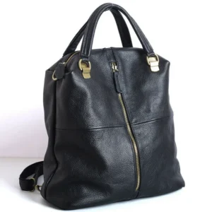 Premium Full-Grain Black Leather Women's Backpack Convertible Handbag with Multiple Compartments
