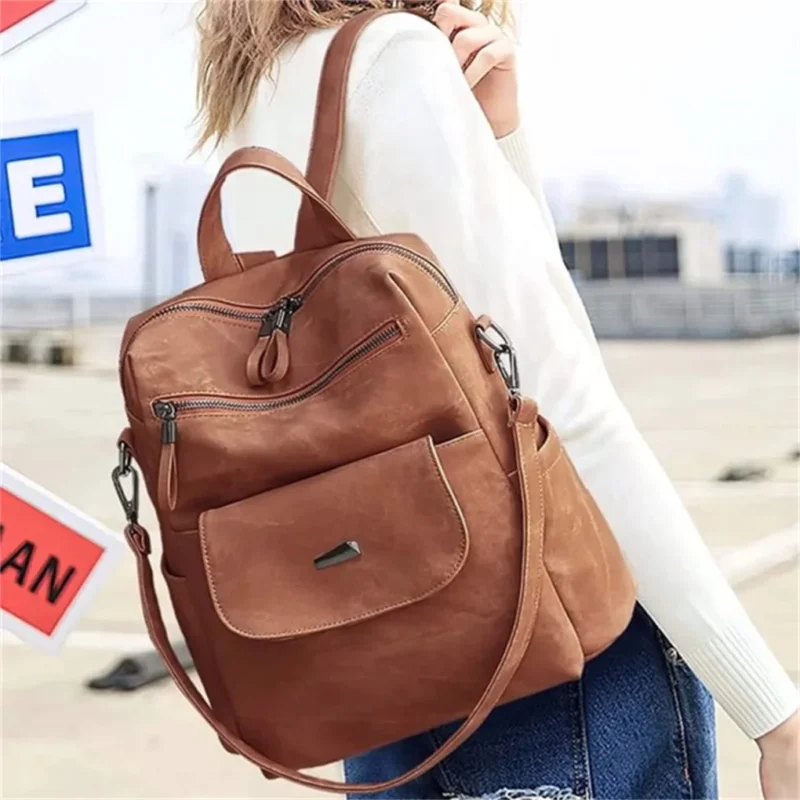 Waterproof Brown PU Leather Women's Backpack Purse with Multiple Compartments - Image 2