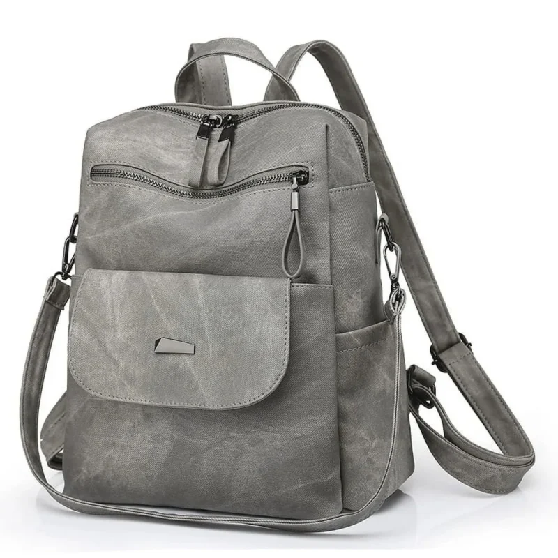 Premium Gray PU Leather Women's Convertible Backpack Purse with Multiple Compartments