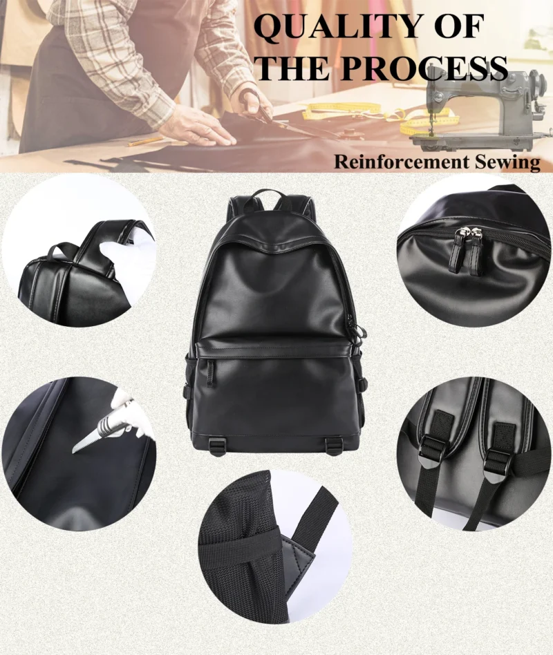 Premium Black PU Leather 16-inch Laptop Backpack for Business Travel with Waterproof Protection - Image 2