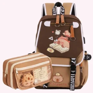 Cute Capybara Nylon Backpack Large Capacity Student Bookbag with Adjustable Straps
