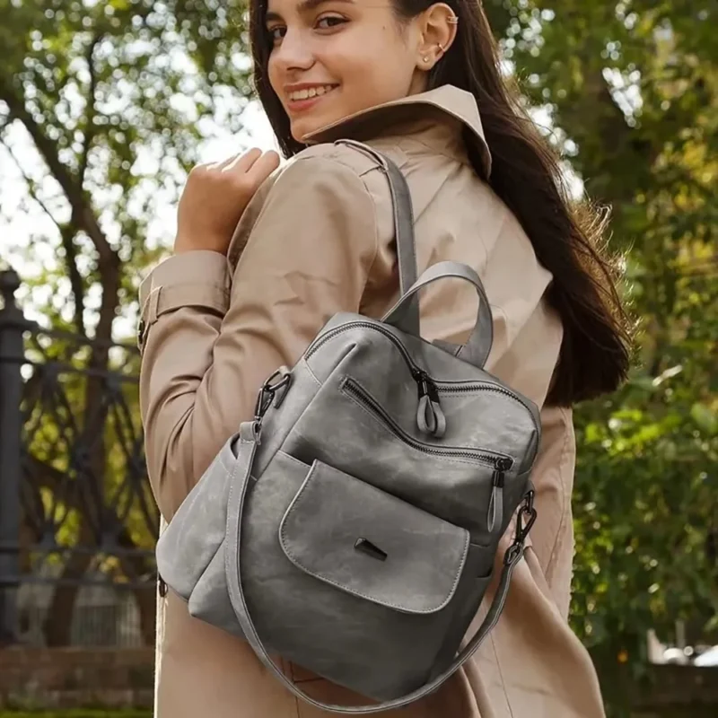 Premium Gray PU Leather Women's Convertible Backpack Purse with Multiple Compartments - Image 5
