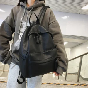 Premium Black PU Leather Women's Fashion Backpack with Multiple Compartments for School and Travel