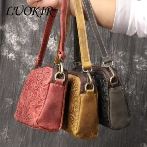 Vintage Embossed Genuine Leather Crossbody Shoulder Bag with Multiple Compartments
