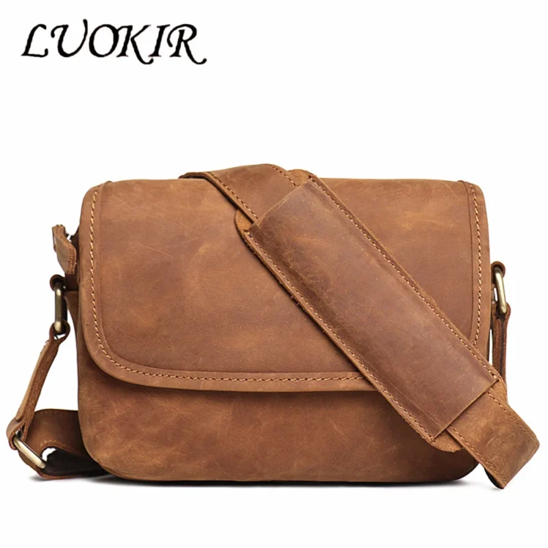 Vintage Crazy Horse Leather Crossbody Bag Unisex Small iPad Messenger Satchel