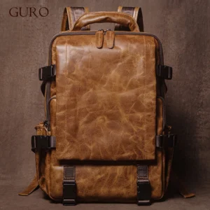 Premium Cowhide Leather Men's Business Backpack with Laptop Compartment and Multiple Pockets
