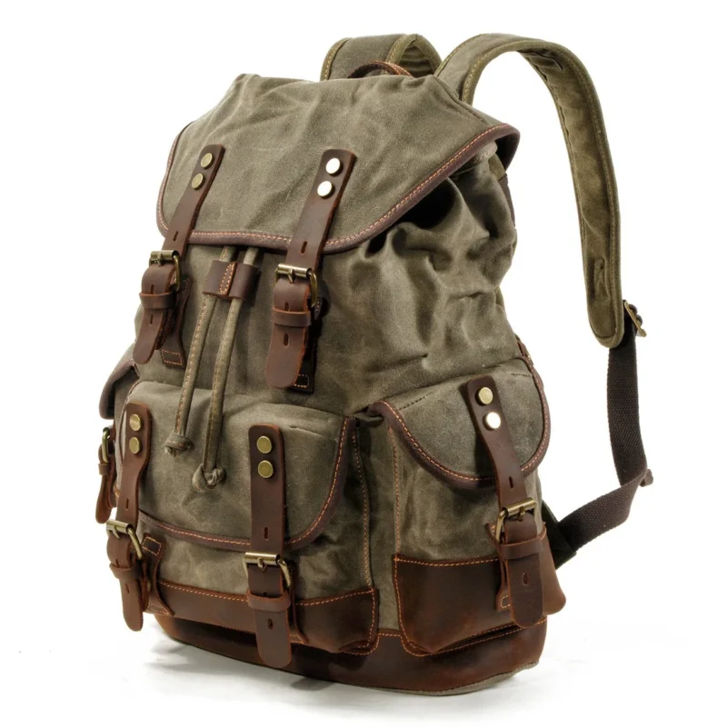 Vintage Canvas Leather Backpack Large Capacity Outdoor Travel Hiking Daypack with Laptop Compartment - Image 4
