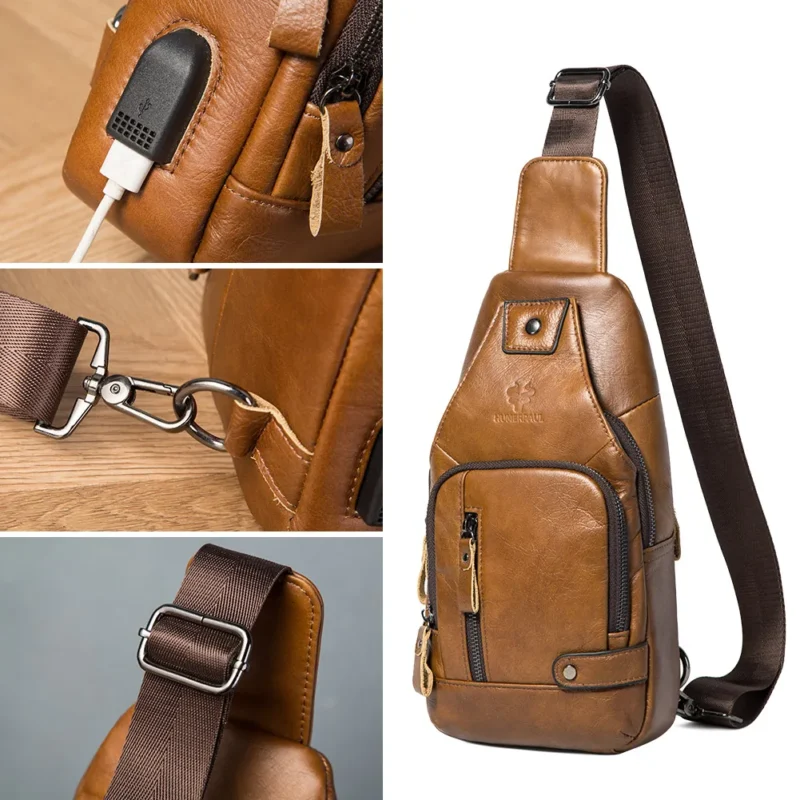 Premium Genuine Leather Men's Chest Bag with USB Port for Travel and Everyday Use - Image 4