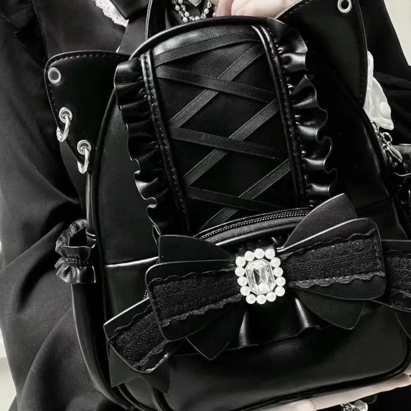 Black PU Leather Lolita Backpack with Cat Ears and Bow Decoration for Women - Image 3