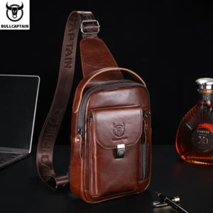 Premium Vintage Men's Genuine Leather Chest Bag with Anti-Theft Protection for 7.9-inch Devices