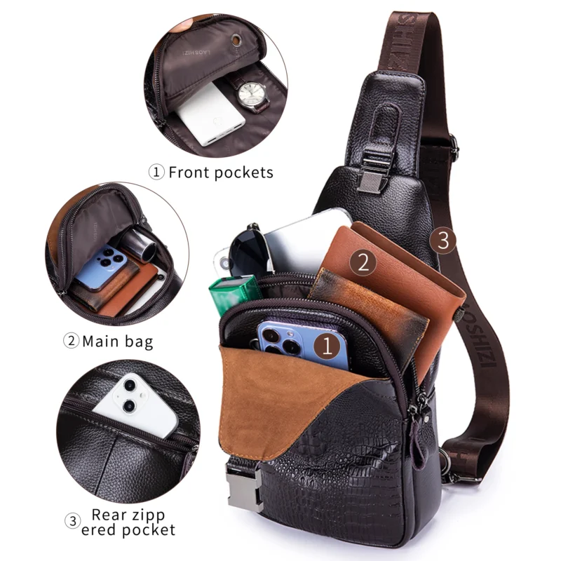 Premium Crocodile Pattern Leather Men's Crossbody Chest Bag with USB Charging Port - Image 4