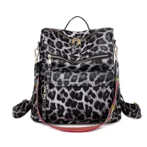 Split Leather Leopard Print Fashion Backpack Purse with Multi-Compartment Design for Women