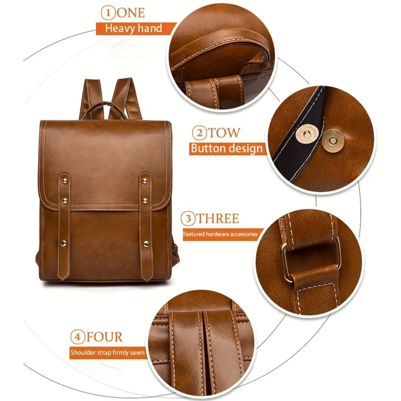 Vintage Brown Vegan Leather Laptop Backpack Multi-Purpose Daypack for Men and Women - Image 5