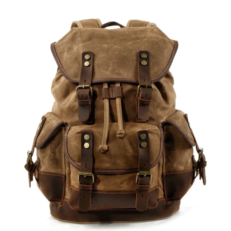 Vintage Canvas Leather Backpack Large Capacity Outdoor Travel Hiking Daypack with Laptop Compartment - Image 14