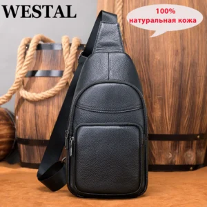 Premium Black Cowhide Leather Men's Sling Chest Bag with Multiple Compartments