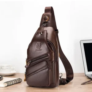 Premium Cowhide Leather Men's Chest Bag Anti-Theft Crossbody Sling with iPad Mini Storage