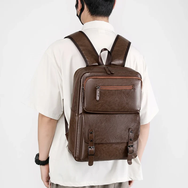 Premium PU Leather Men's Laptop Backpack with Multiple Compartments for School and Travel - Image 4