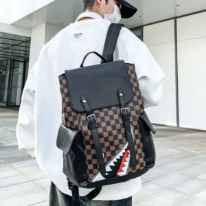 Premium Black PU Leather Men's Laptop Backpack with Shark Print Design for School and Work