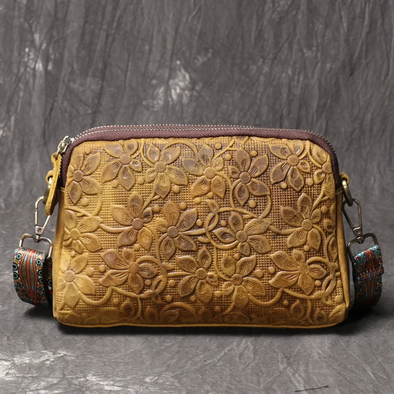 Vintage Embossed Genuine Leather Crossbody Shoulder Bag with Multiple Compartments - Image 9