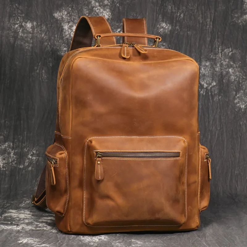 Vintage Crazy Horse Leather Travel Backpack Large Capacity Laptop Bag with Multiple Compartments - Image 3
