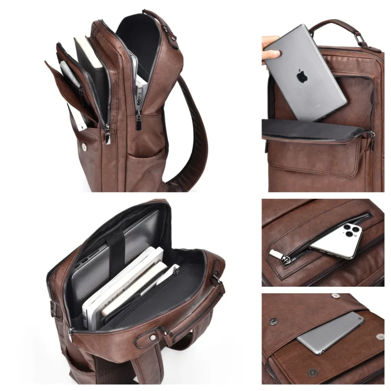 Premium Brown Split Leather Laptop Backpack with 15.6-inch Compartment Waterproof Urban Design - Image 3