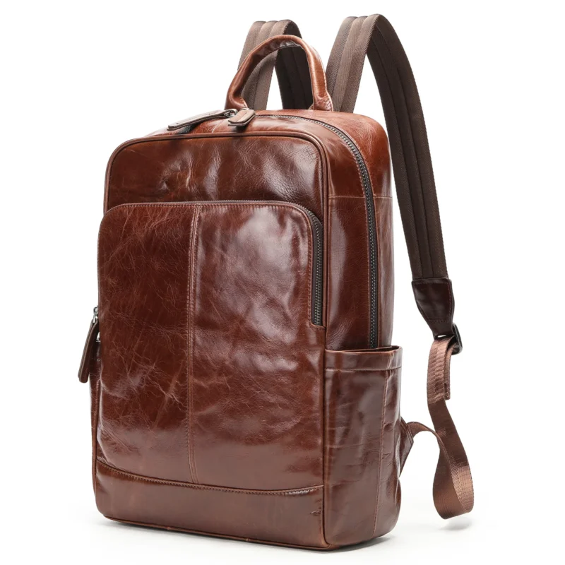 Premium Full Grain Cowhide Leather Men's Laptop Backpack 14-Inch Business Travel Bag with Multiple Compartments - Image 7