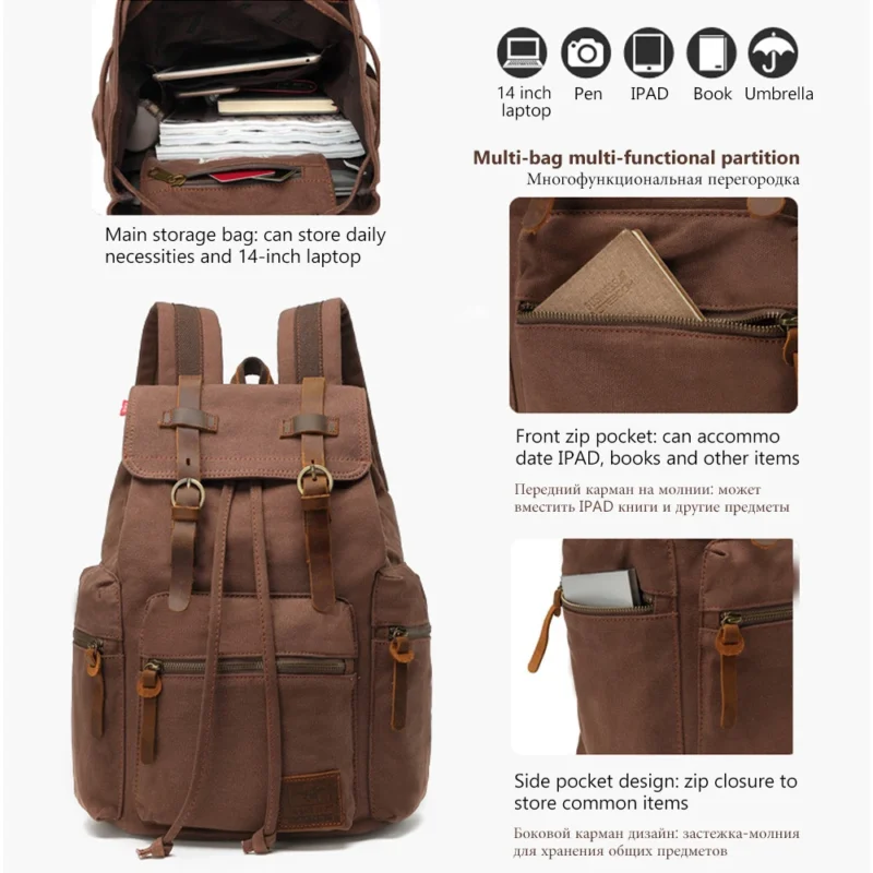 Vintage Canvas Unisex Laptop Backpack with 36-55L Capacity and Multiple Compartments - Image 4