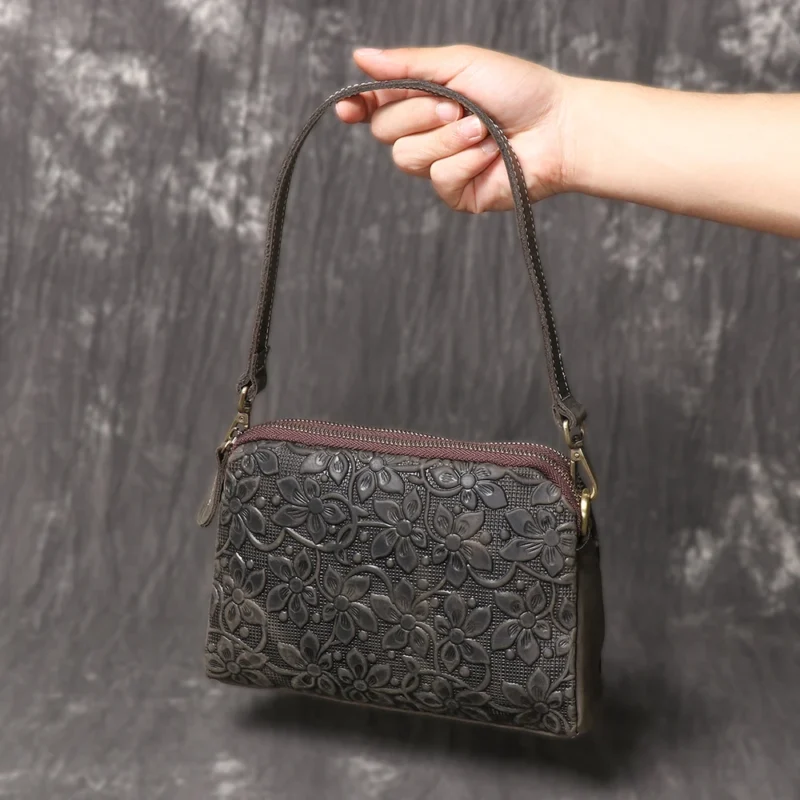 Vintage Embossed Genuine Leather Crossbody Shoulder Bag with Multiple Compartments - Image 3