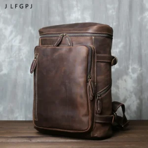 Vintage Crazy Horse Leather Men's Laptop Backpack with Large Capacity for Business Travel
