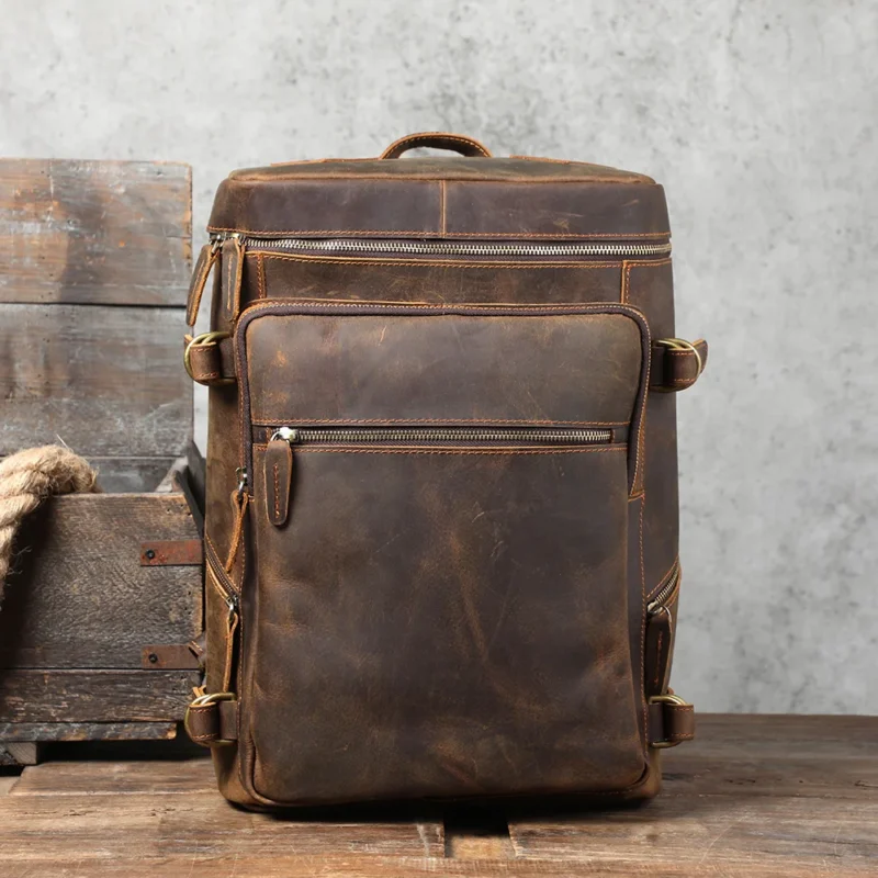 Vintage Crazy-Horse Leather Men's Laptop Backpack with Multi-Compartment Travel Design - Image 2