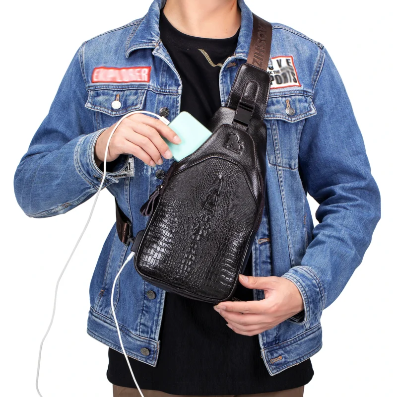 Premium Crocodile Pattern Leather Men's Crossbody Chest Bag with USB Charging Port - Image 3