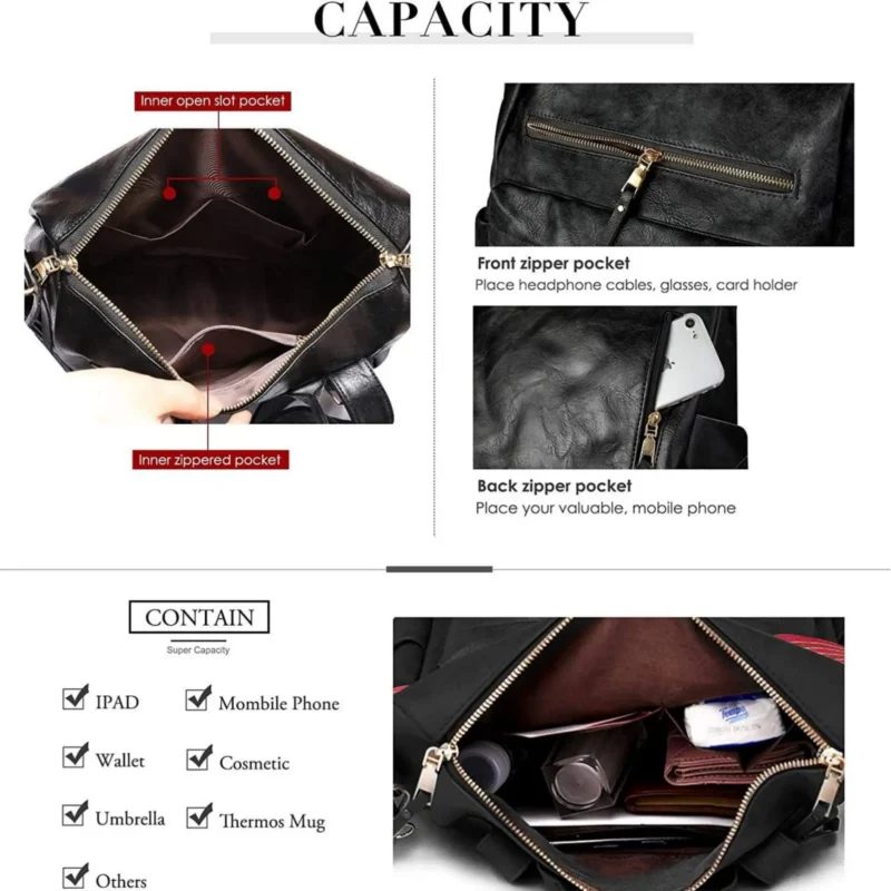 Waterproof PU Leather Women's Fashion Backpack with Multiple Compartments for School and Everyday Use - Image 4