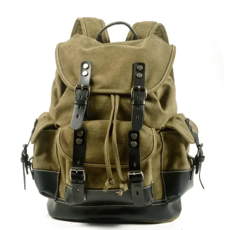 Vintage Canvas Leather Backpack Large Capacity Outdoor Travel Hiking Daypack with Laptop Compartment - Image 9