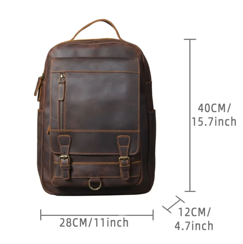 Vintage Brown Crazy-Horse Leather Men's Laptop Backpack with Multiple Compartments - Image 5