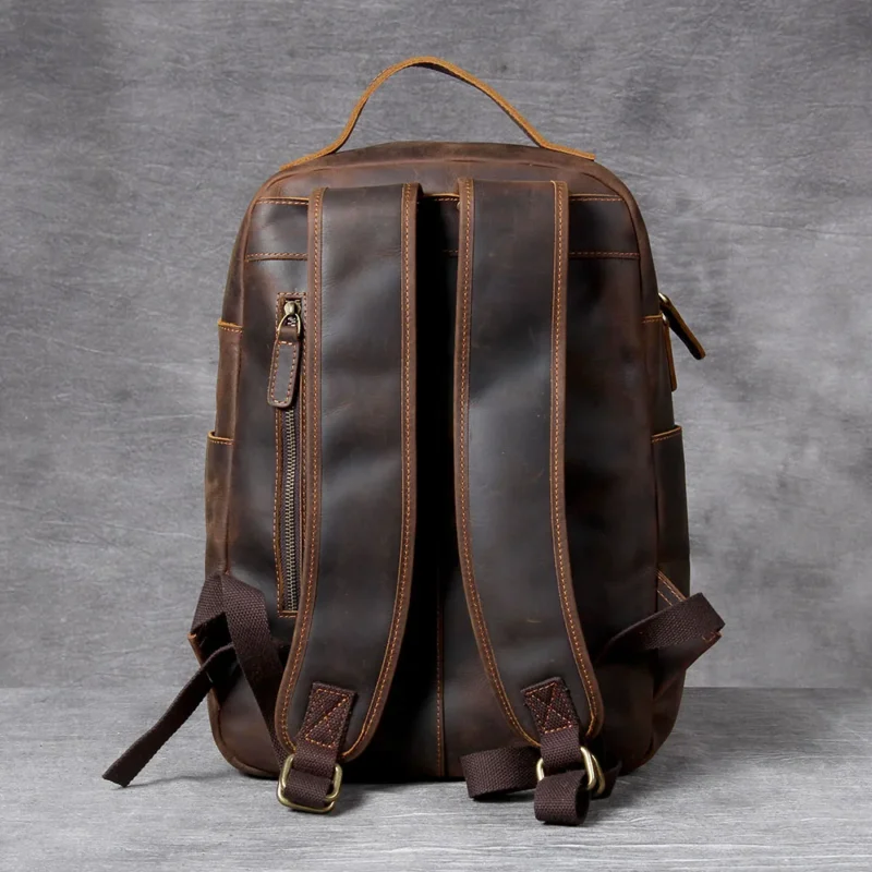 Vintage Brown Crazy-Horse Leather Men's Laptop Backpack with Multiple Compartments - Image 3