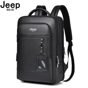 Premium Black Genuine Leather Business Laptop Backpack for Men with Multi-Compartment Organization