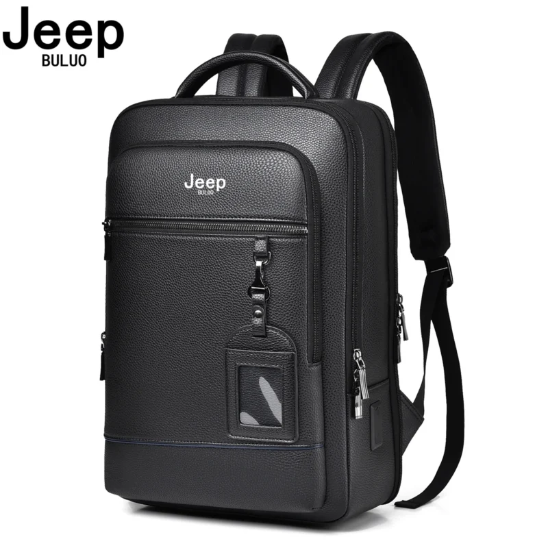 Premium Black Genuine Leather Business Laptop Backpack for Men with Multi-Compartment Organization