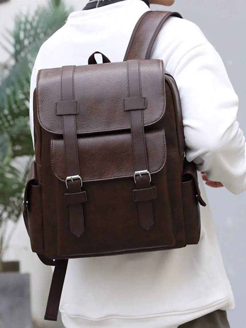 Vintage Brown PU Leather Laptop Backpack with Waterproof Design and Large 36-55L Capacity - Image 6