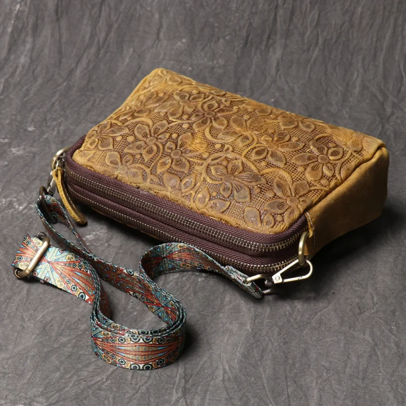 Vintage Embossed Genuine Leather Crossbody Shoulder Bag with Multiple Compartments - Image 5