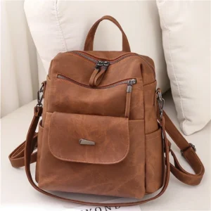Waterproof Brown PU Leather Women's Backpack Purse with Multiple Compartments