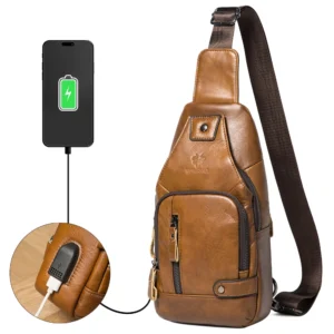 Premium Genuine Leather Men's Chest Bag with USB Port for Travel and Everyday Use