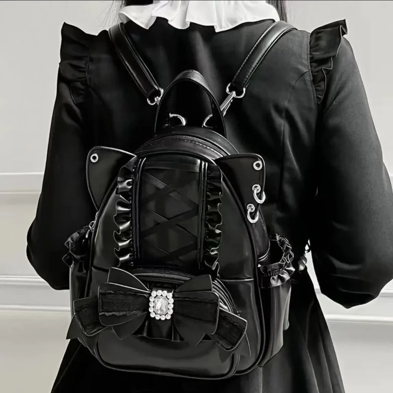 Black PU Leather Lolita Backpack with Cat Ears and Bow Decoration for Women - Image 5