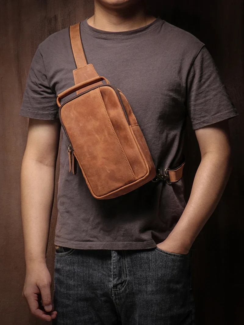 Premium Crazy Horse Leather Men's Vintage Sling Bag Crossbody Travel Pack with Multiple Pockets - Image 2