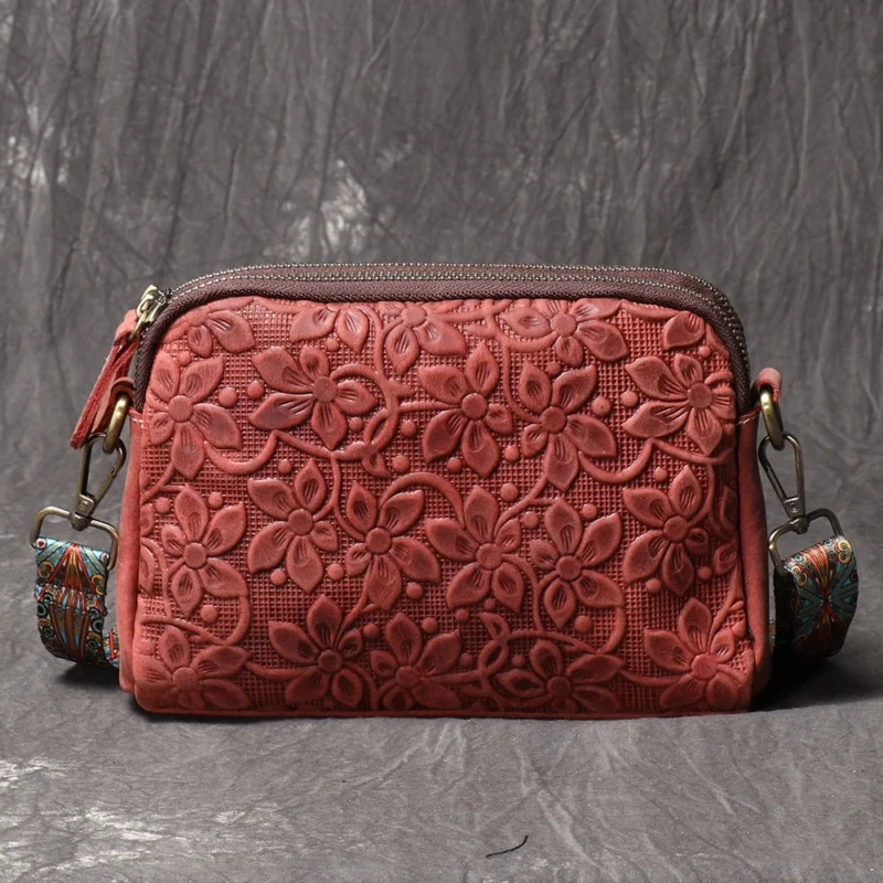 Vintage Embossed Genuine Leather Crossbody Shoulder Bag with Multiple Compartments - Image 8