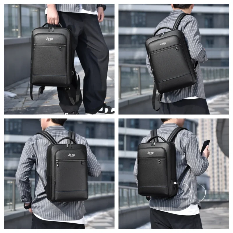 Premium Black Genuine Leather Business Laptop Backpack for Men with Multi-Compartment Organization - Image 3